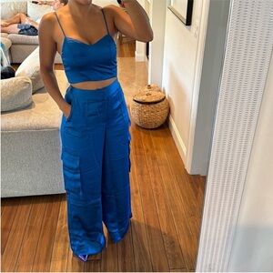 House of Harlow Satin Cargo Wide-Leg Pants Crop Top Set Blue Coord going out